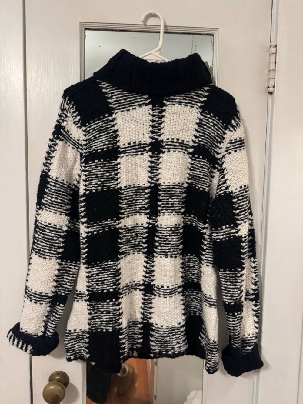 VTG Talbots Black & White Plaid Chunky Knit Turtleneck Sweater Size XL